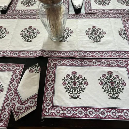 Indian Block Print Table Runner, Indian Floral Hand Block Printed Cotton Napkins, Table Mats, White and Red, Gift for Home