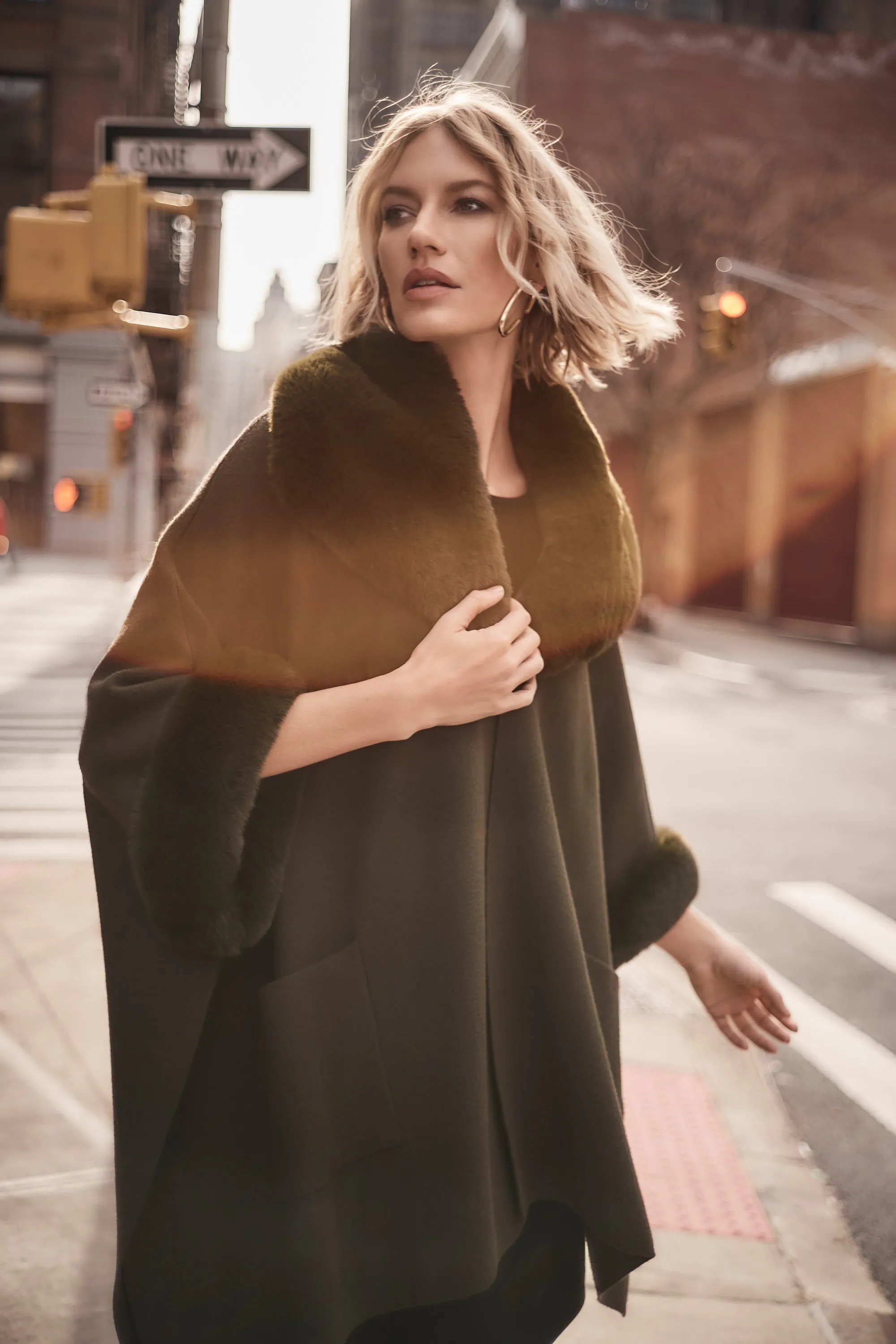 Joseph Ribkoff Brushed Jacquard and Faux Fur Cape