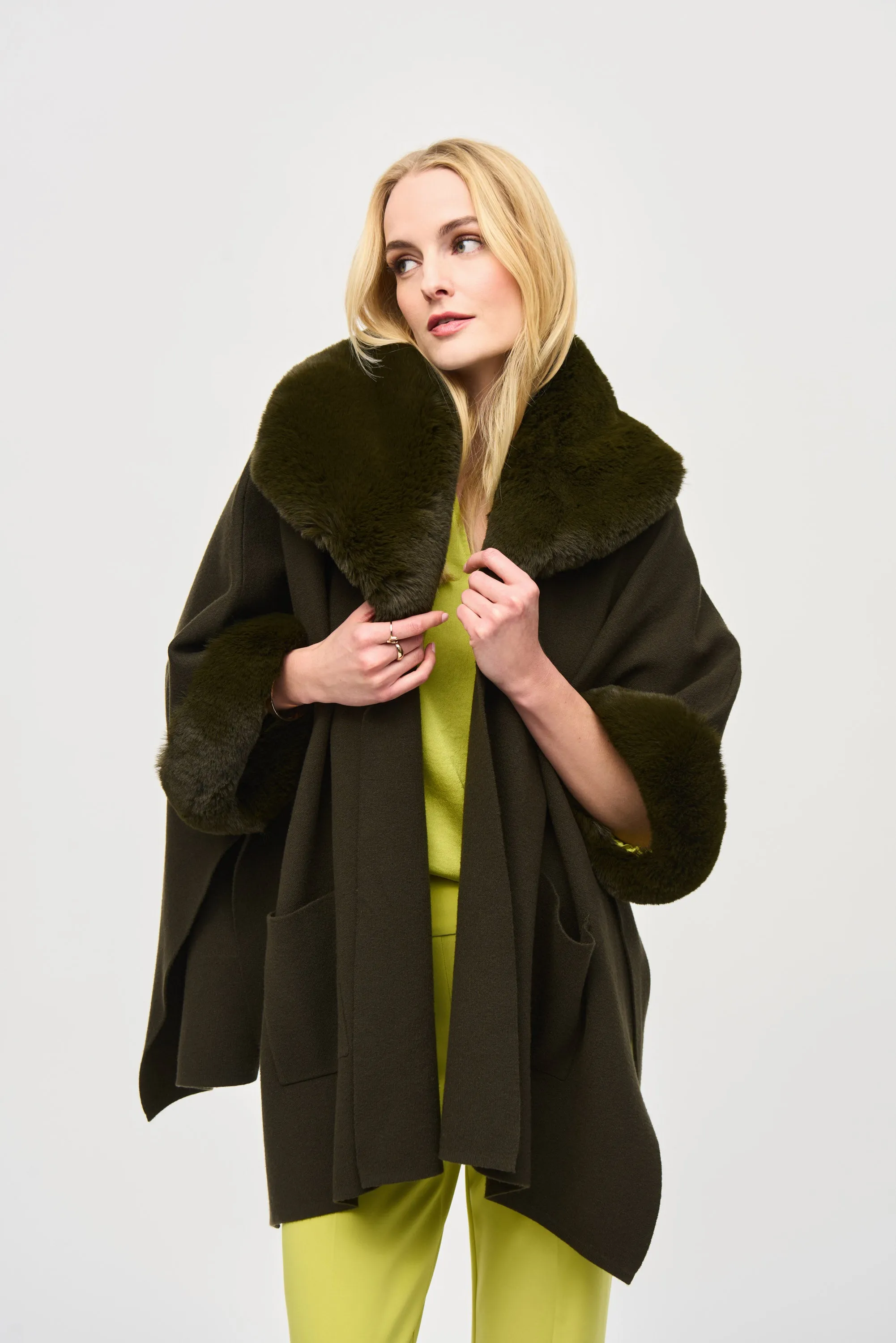 Joseph Ribkoff Brushed Jacquard and Faux Fur Cape