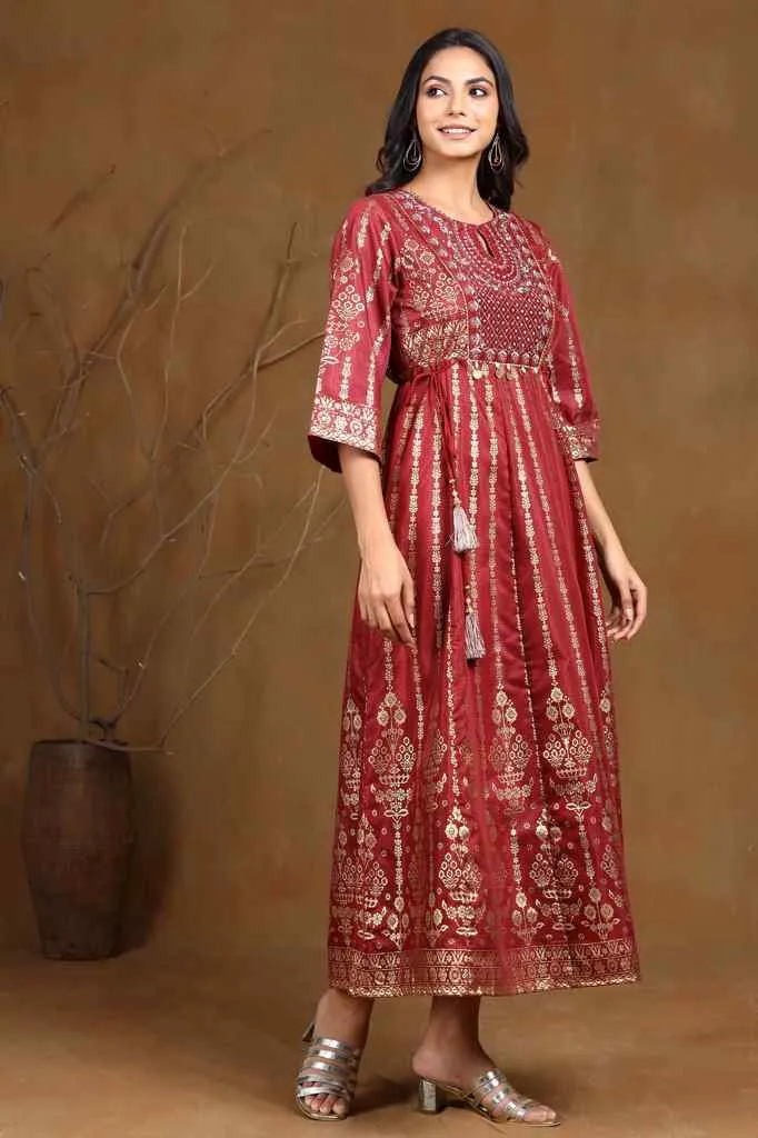 Juniper Maroon Ethnic Motif Printed Shantoon Anarkali Dress.