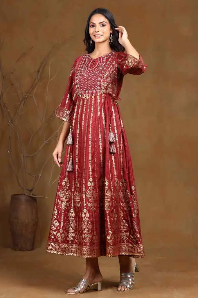 Juniper Maroon Ethnic Motif Printed Shantoon Anarkali Dress.