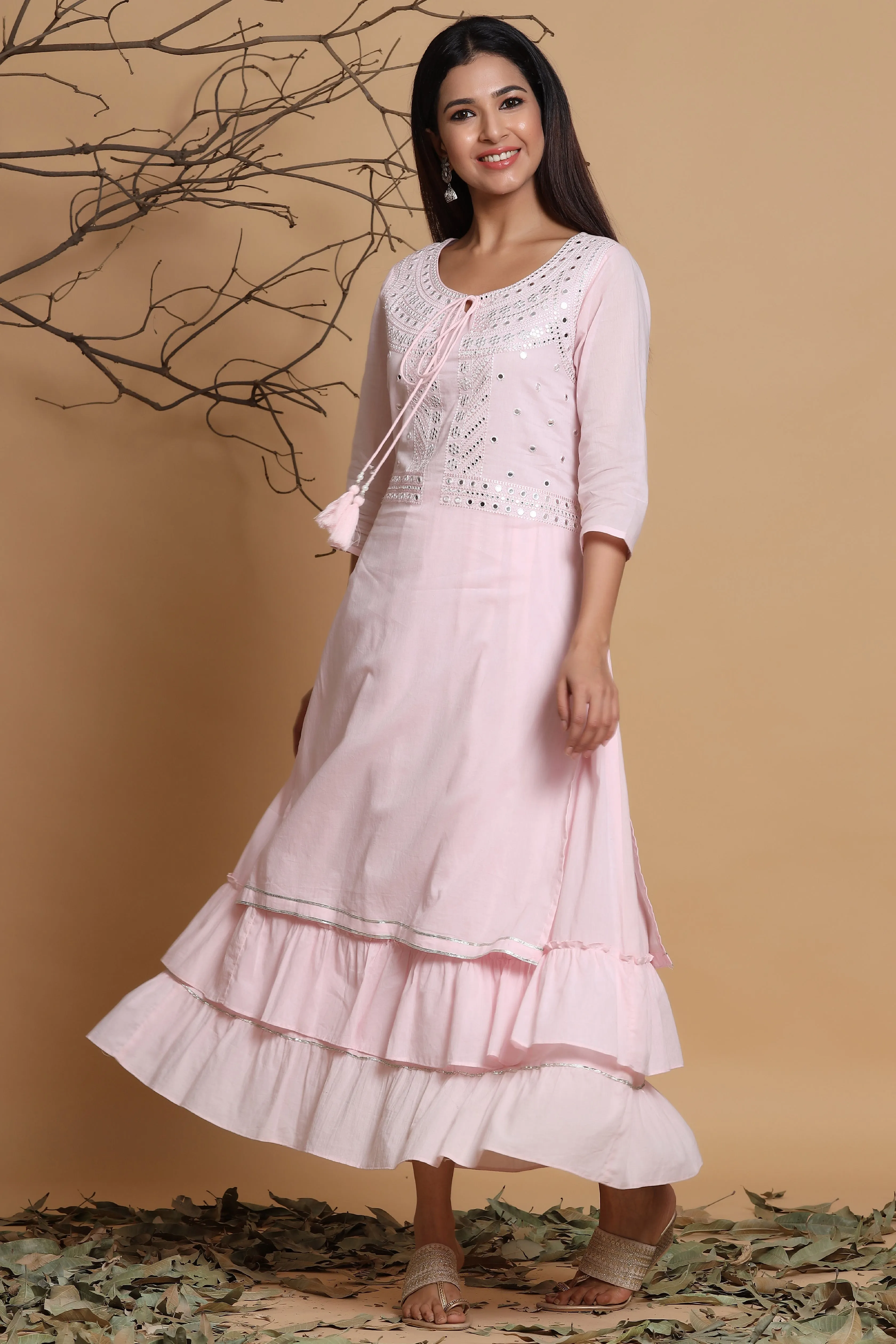 Juniper Pink Cotton Embroidered Layered Maxi Dress With Dori Tassels