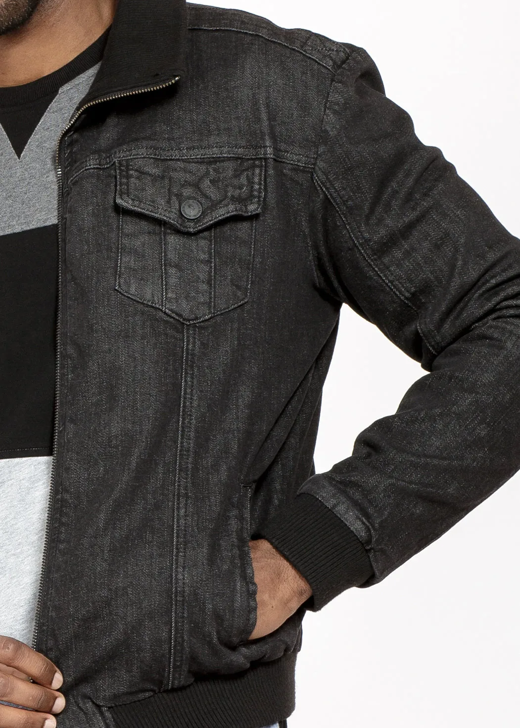 Konus Men's Washed Denim Rib Collar Jacket in Black