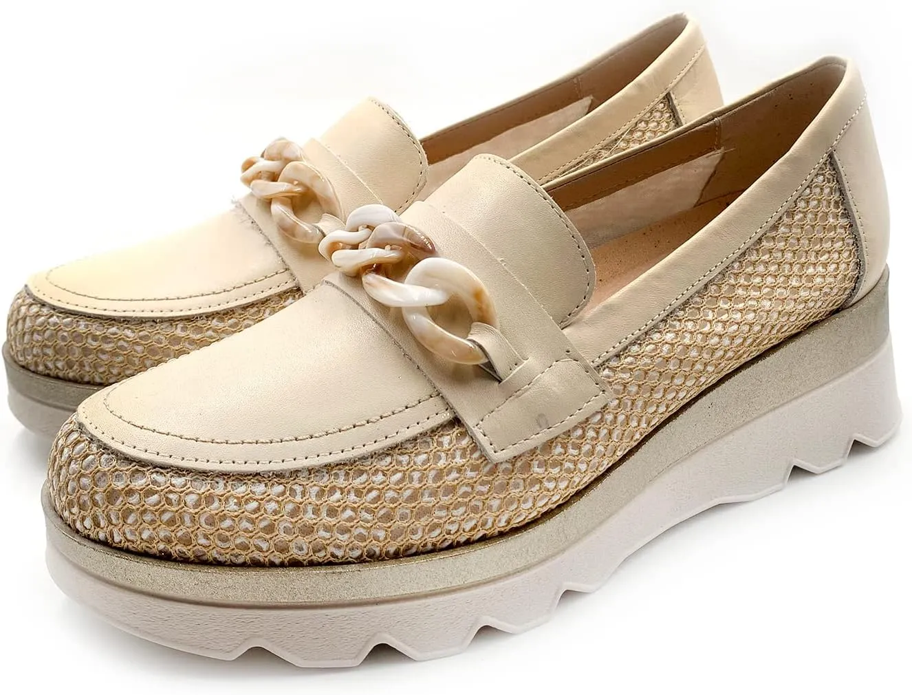 Ladies Pitillos Chunky Loafer Cream Slip On Leather/Fabric 5113 sale