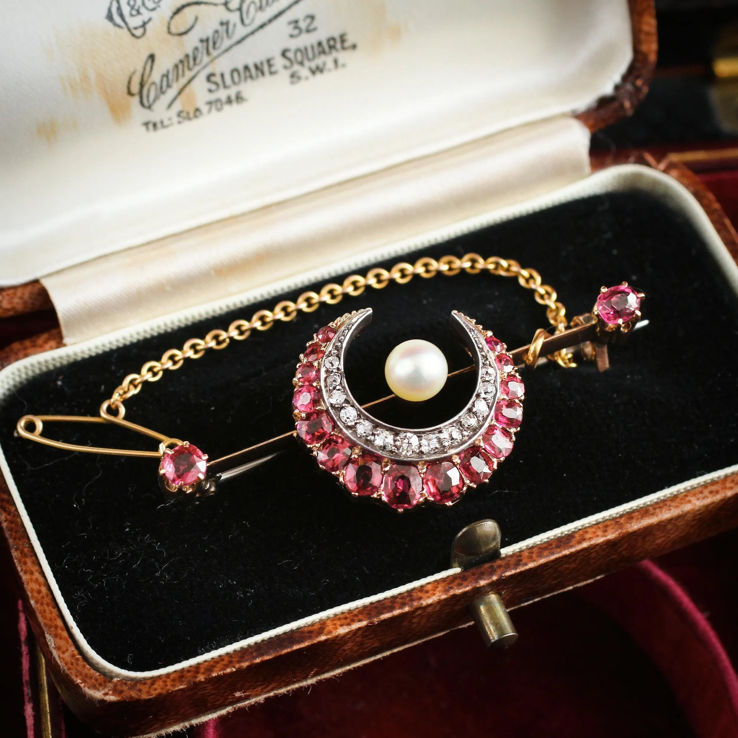 Late Victorian Ruby & Diamond Crescent Honeymoon Brooch