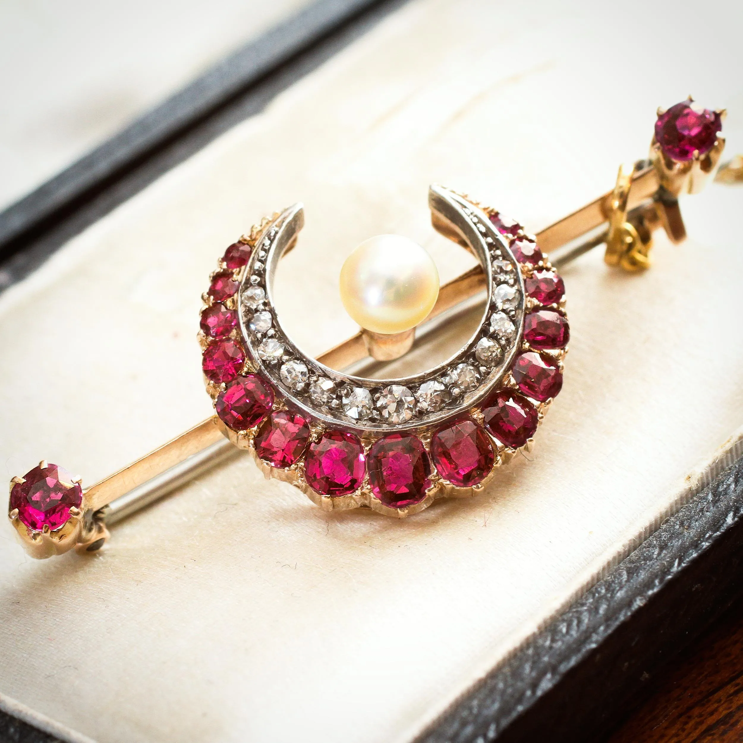 Late Victorian Ruby & Diamond Crescent Honeymoon Brooch