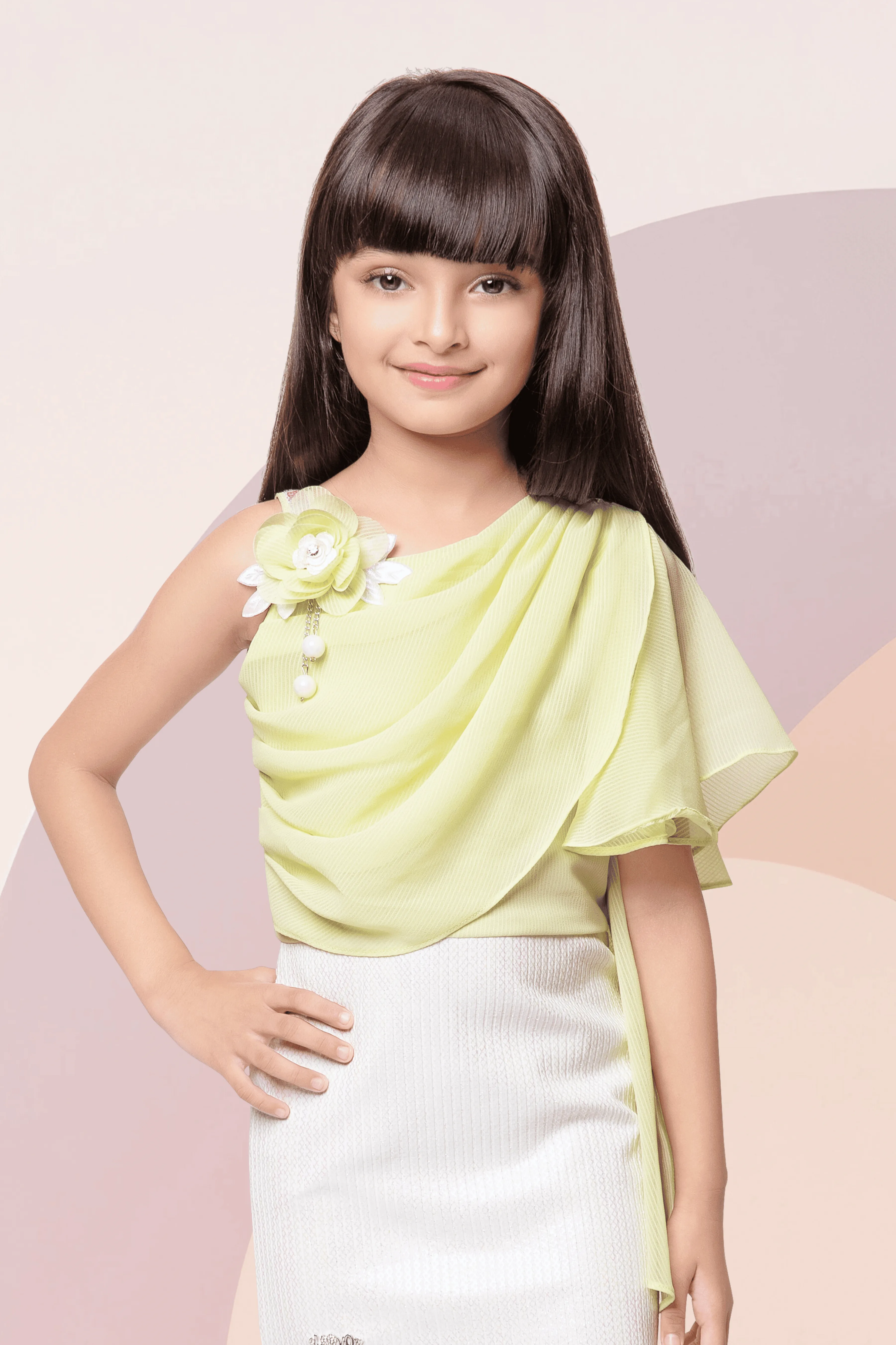 Lemon Green with Half White Western Short Frock For Girls