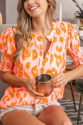 Leopard Print Short Smocked Sleeves Top- Coral