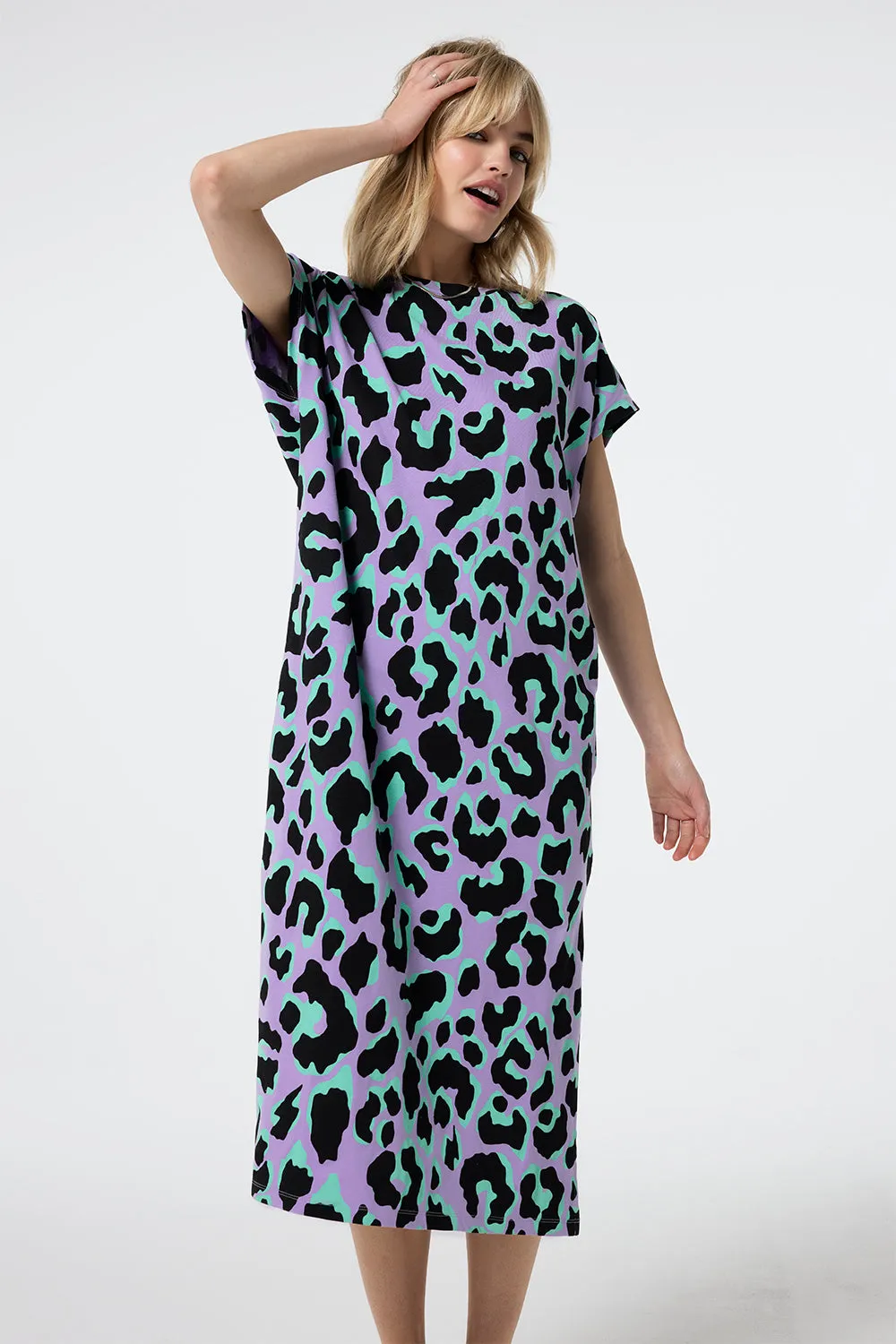 Lilac and Green with Black Mega Leopard Midi T-Shirt Dress