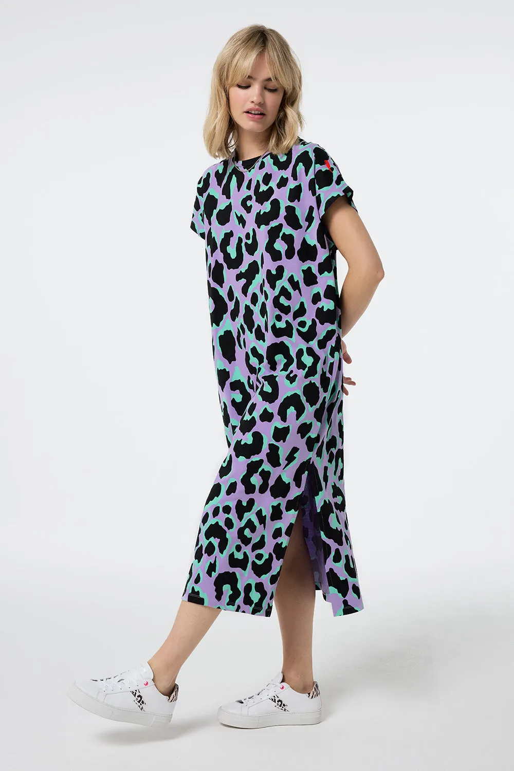 Lilac and Green with Black Mega Leopard Midi T-Shirt Dress