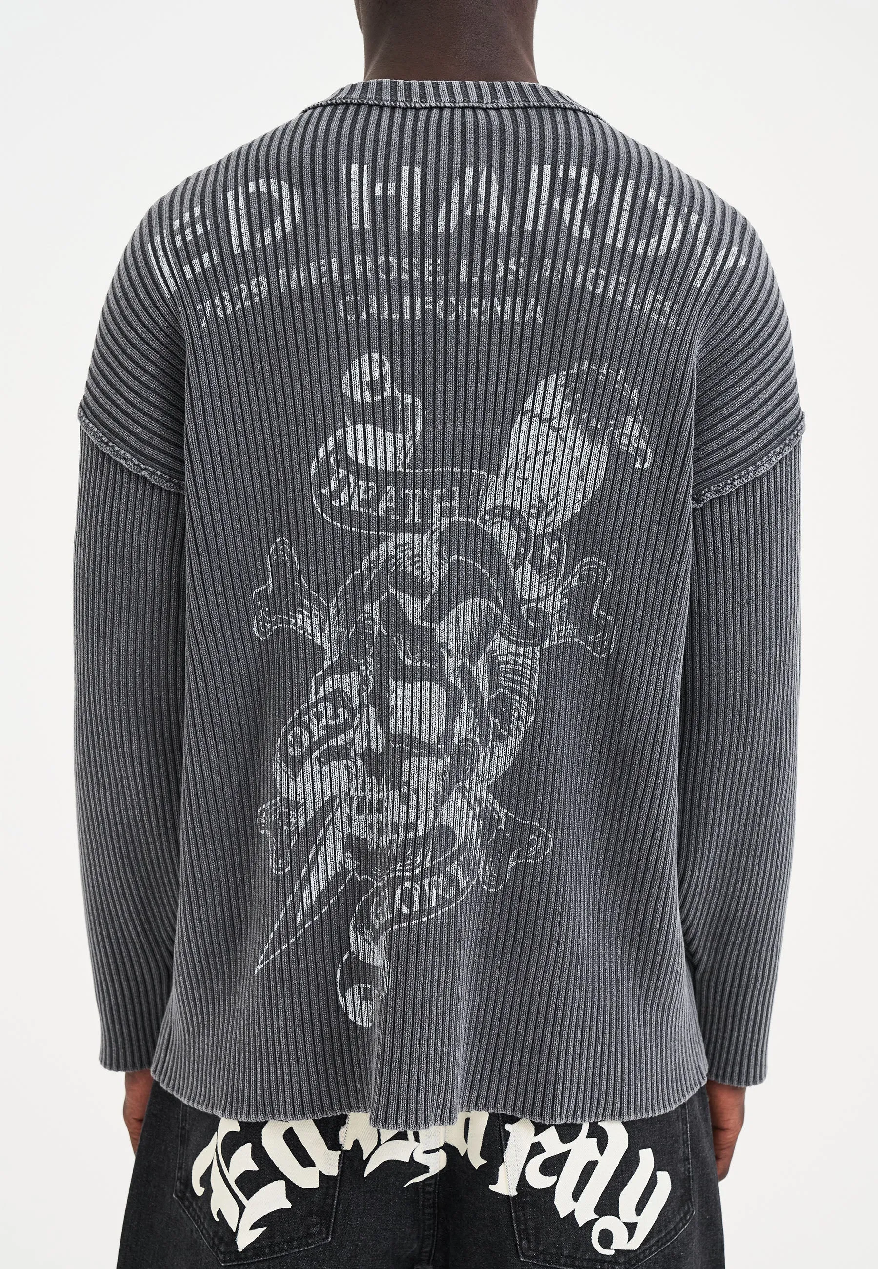 Mens Acid Wash Skull Knitted Jumper - Charcoal