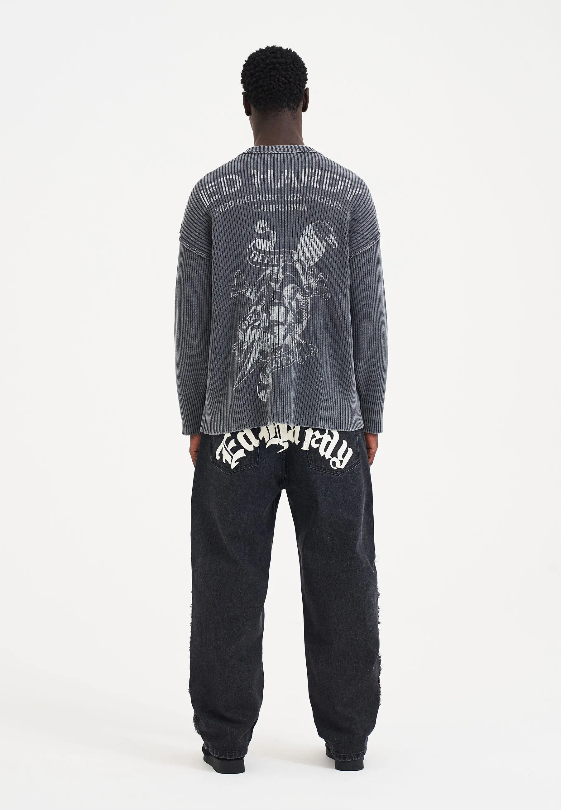 Mens Acid Wash Skull Knitted Jumper - Charcoal