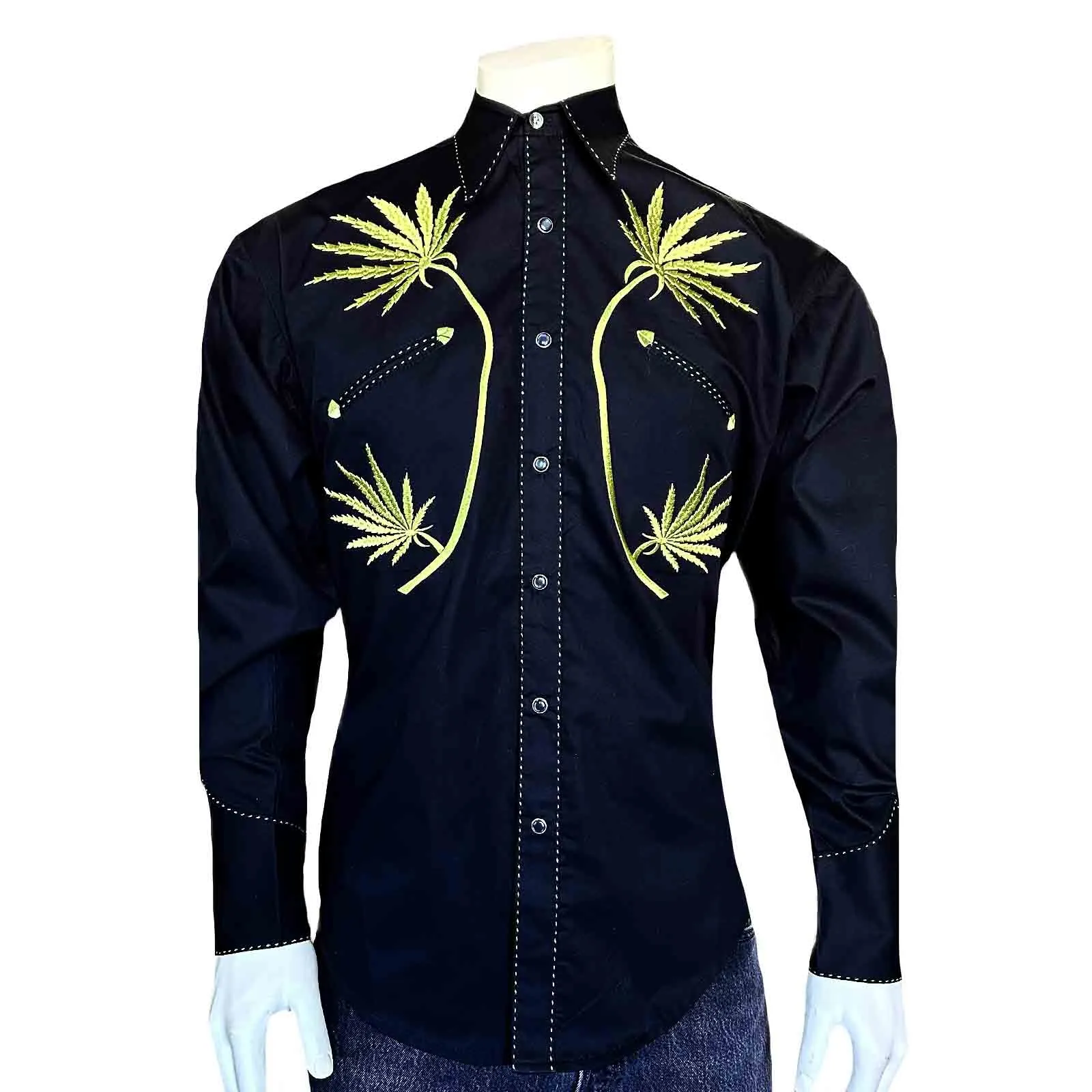 Men's Black Cannabis Cowboy Embroidered Western Shirt