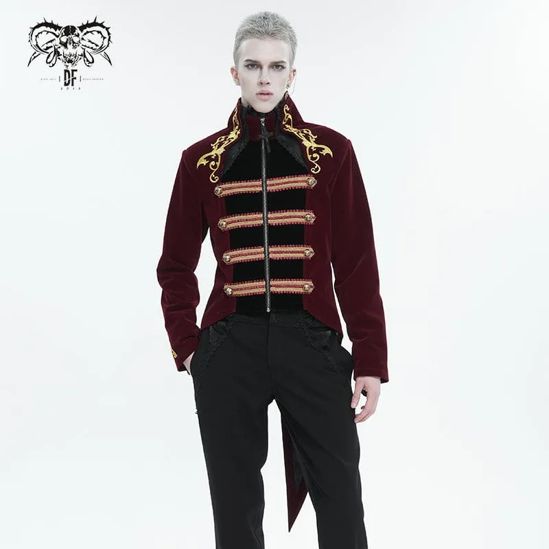 Men's Gothic Totem Embroidered Swallow-tailed Coat Red