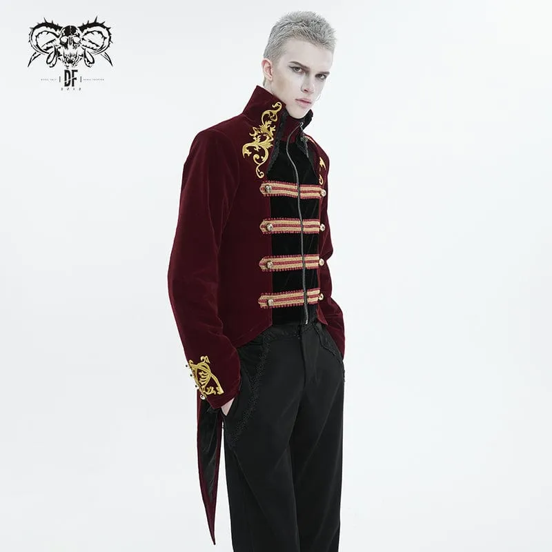 Men's Gothic Totem Embroidered Swallow-tailed Coat Red