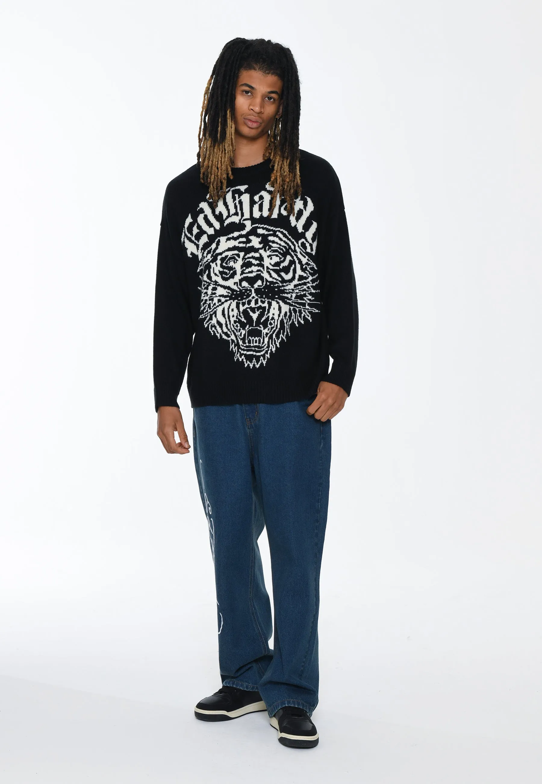 Mens Tiger-Roar Jaquard Knitted Jumper - Black/Off White