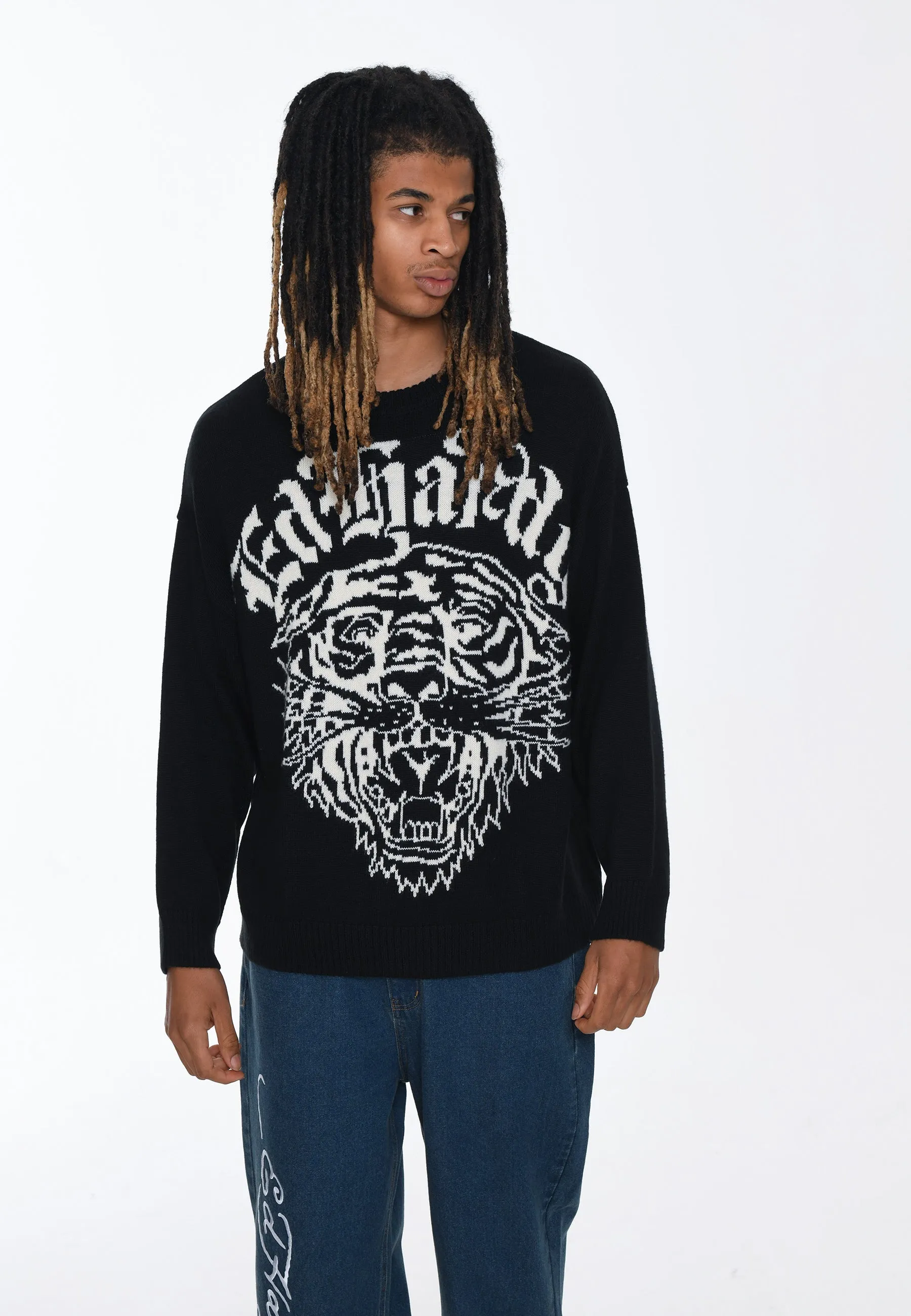 Mens Tiger-Roar Jaquard Knitted Jumper - Black/Off White