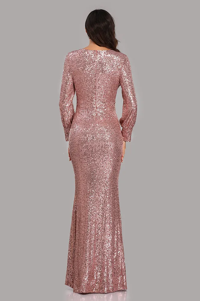 Mermaid Long Split Sleeve Sequined Trumpet Prom Evening Dress E90814