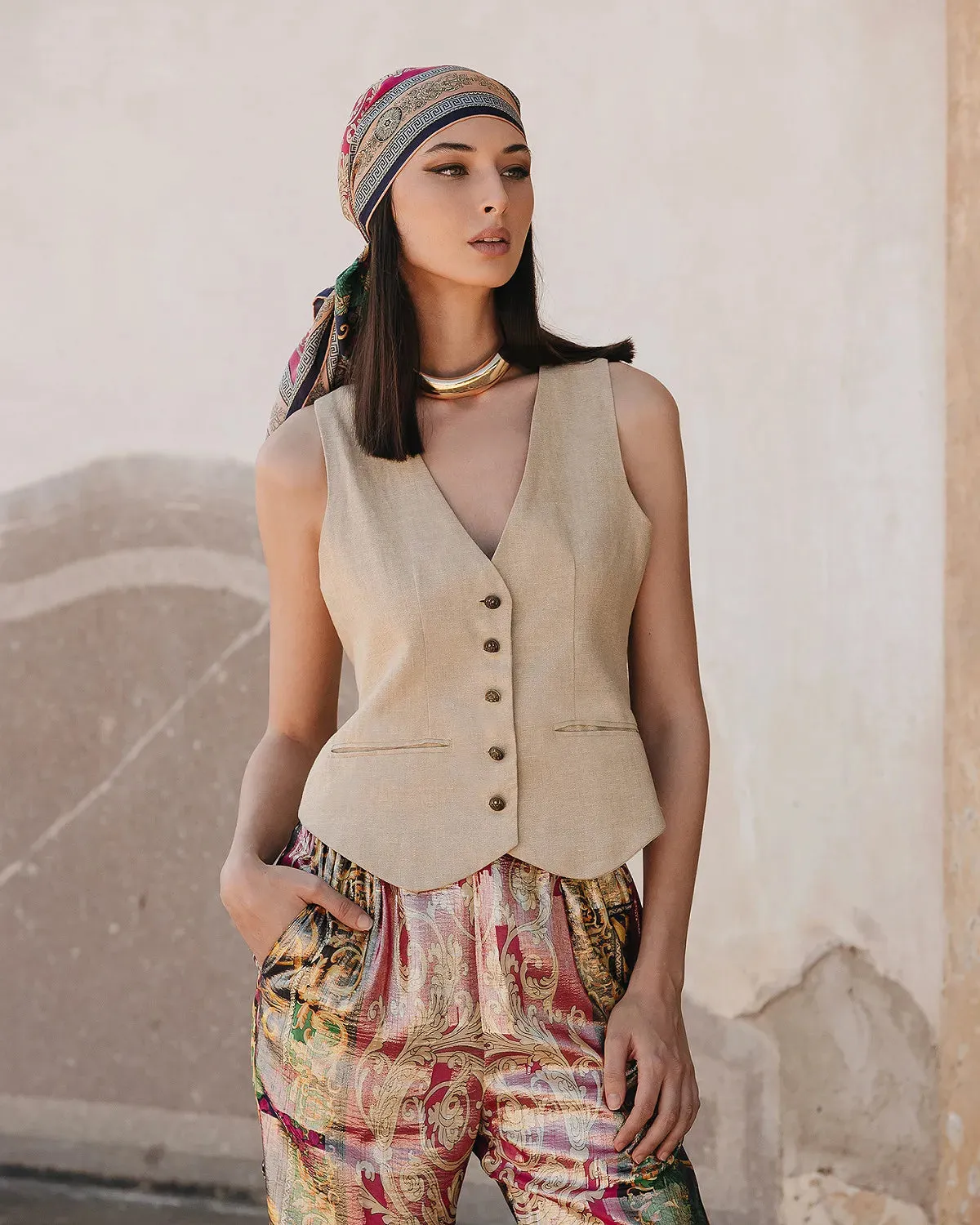 Mes Demoiselles Gold Lurex Woven Linen Vest