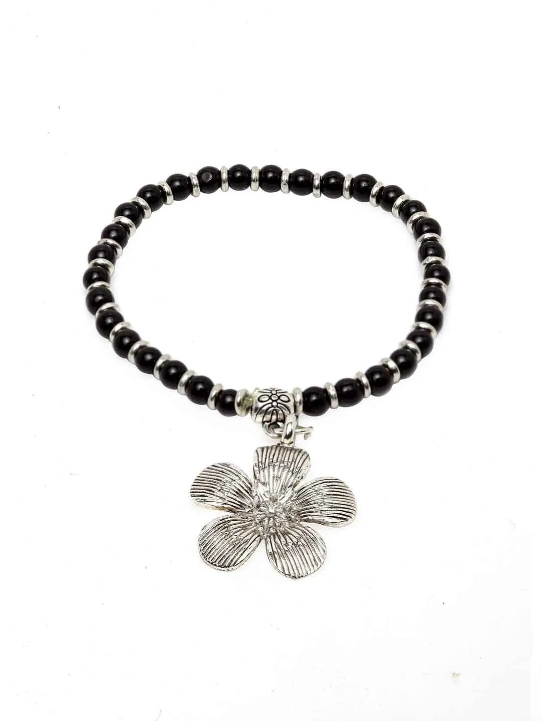 Oxidized Silver-Plated & Black Beaded Anklet