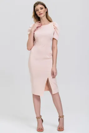 Peach Satin Pearl Sleeve Pencil Midi Dress