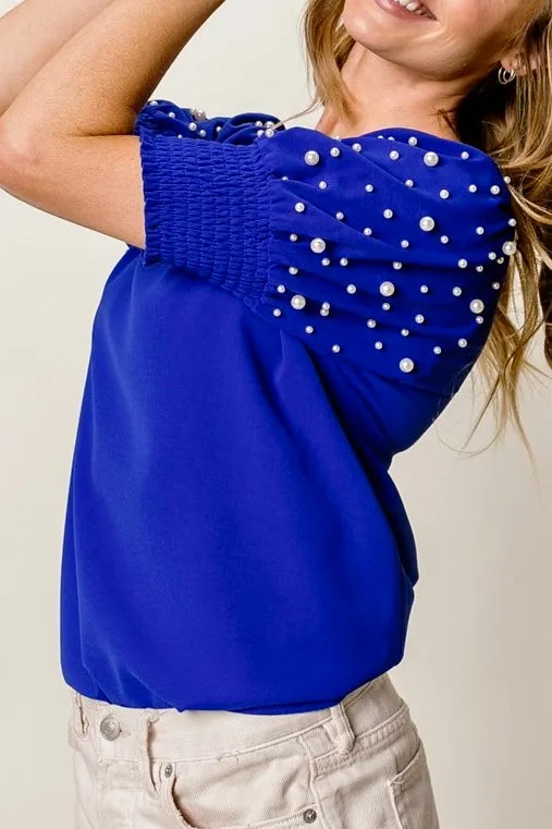 Pearl Beaded Smocked Puff Sleeves Top- Royal Blue