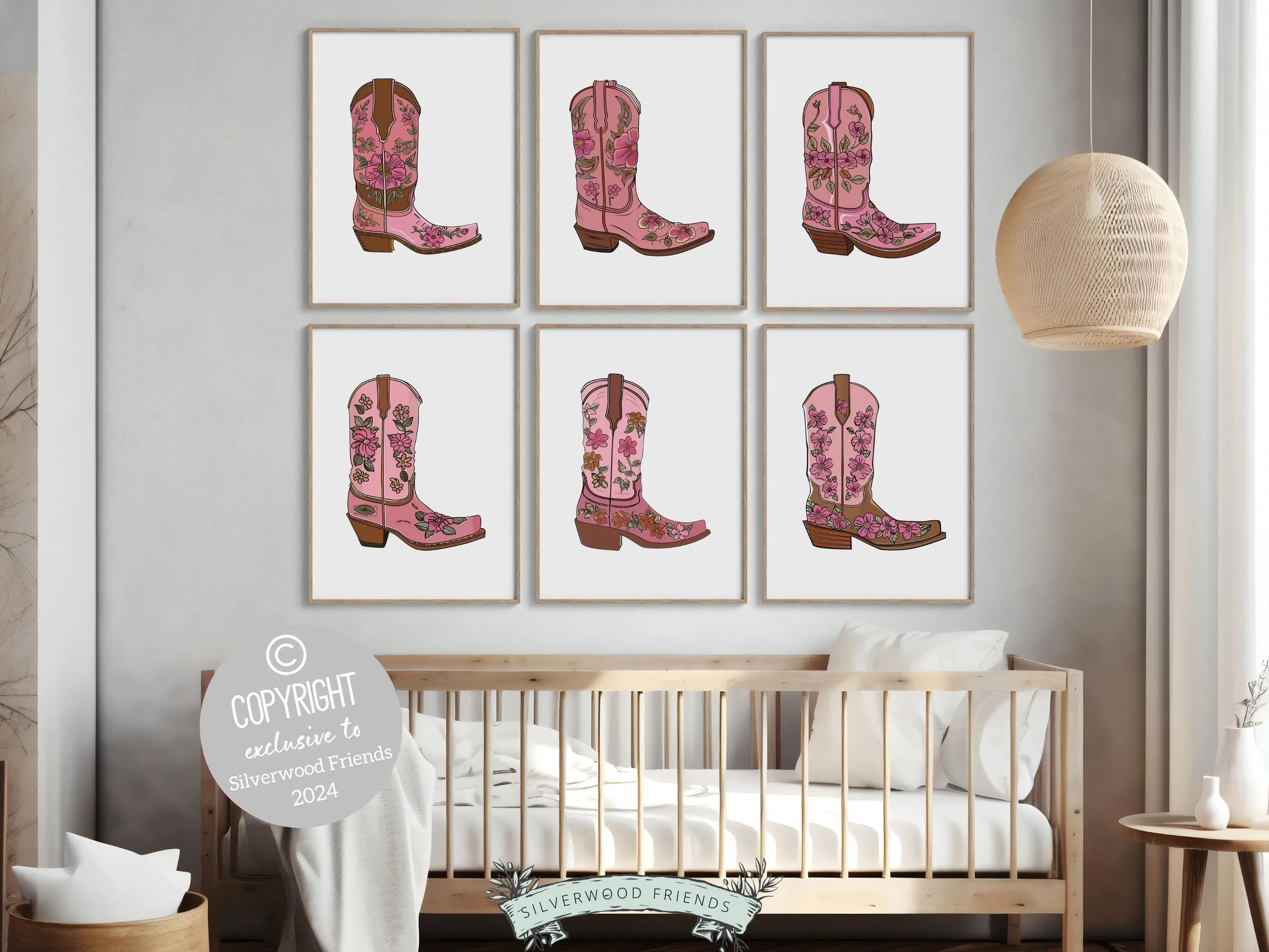 Pink Floral Cowgirl Boot Prints - Set of 6