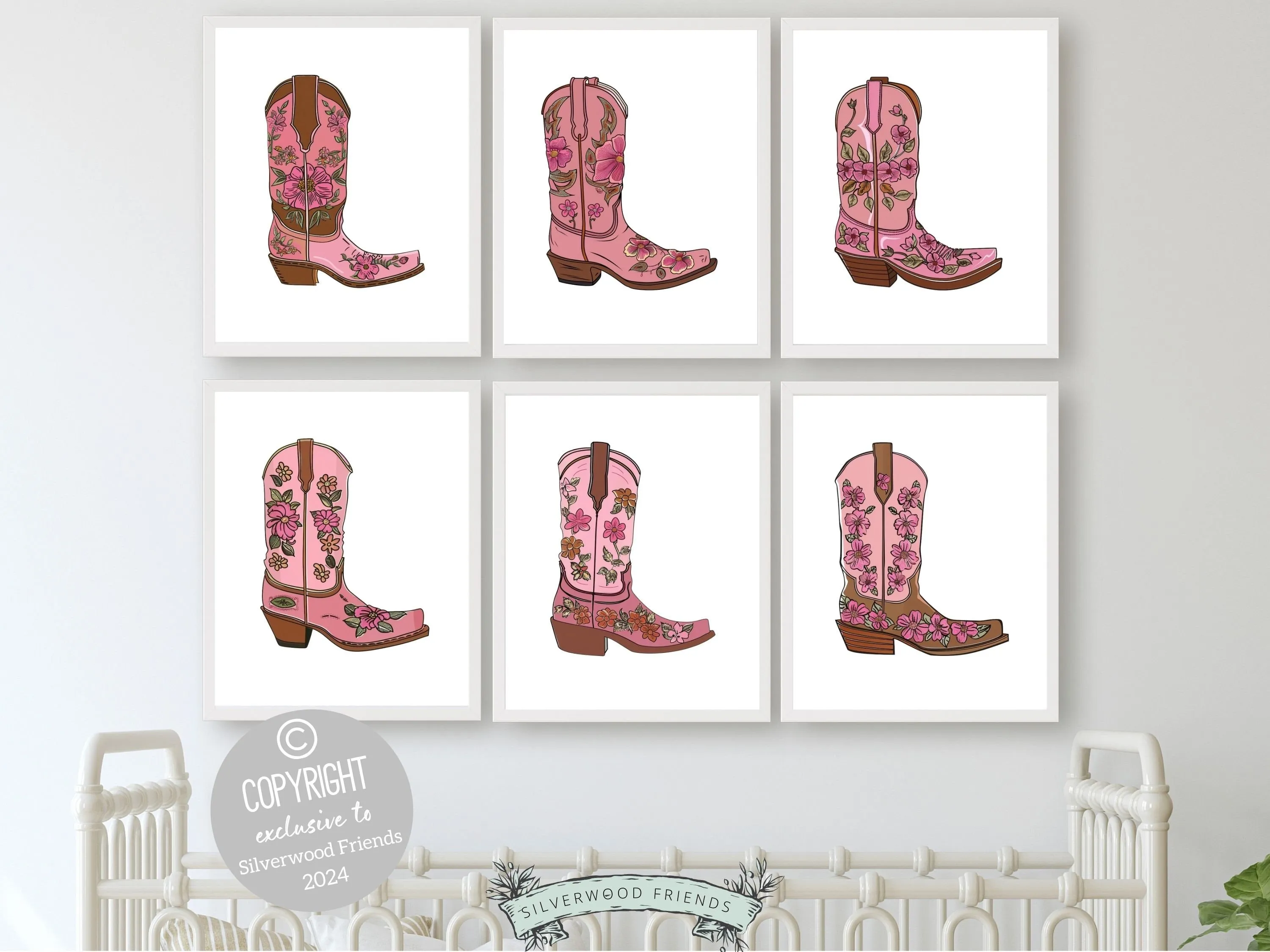 Pink Floral Cowgirl Boot Prints - Set of 6