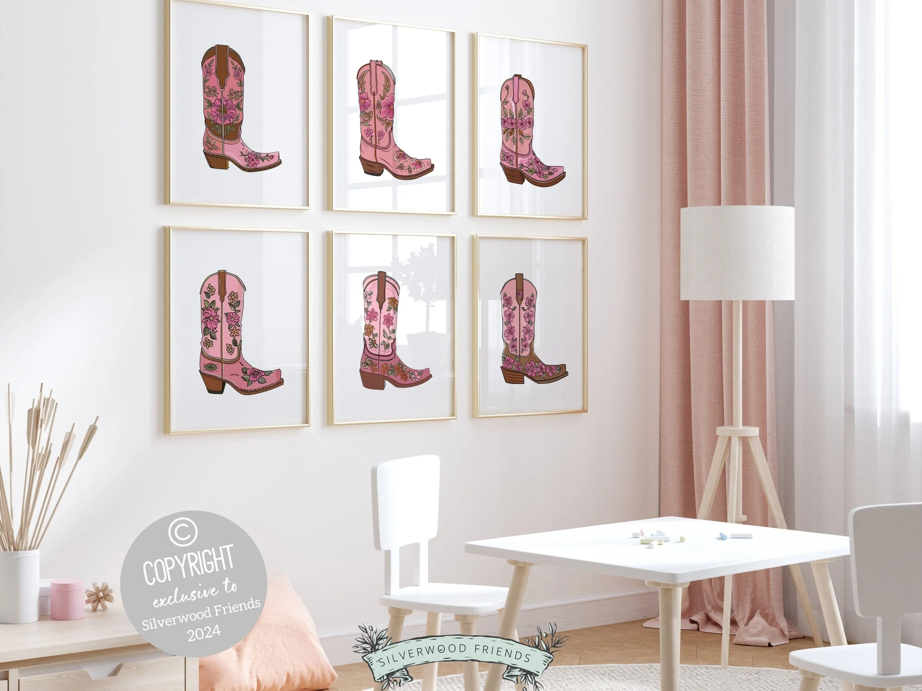 Pink Floral Cowgirl Boot Prints - Set of 6