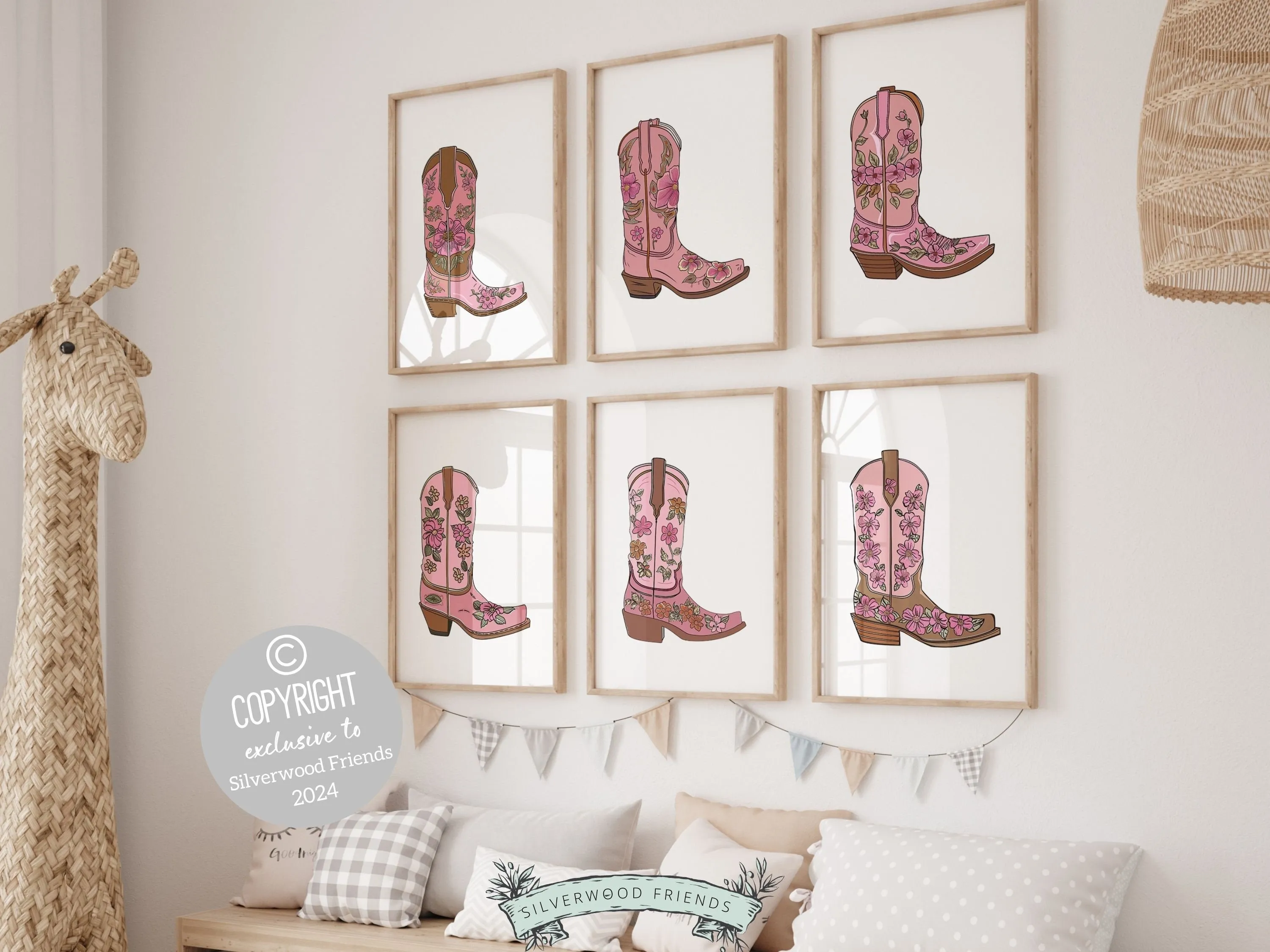 Pink Floral Cowgirl Boot Prints - Set of 6