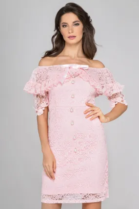 Pink Lace Pearl Off Shoulder Mini Dress