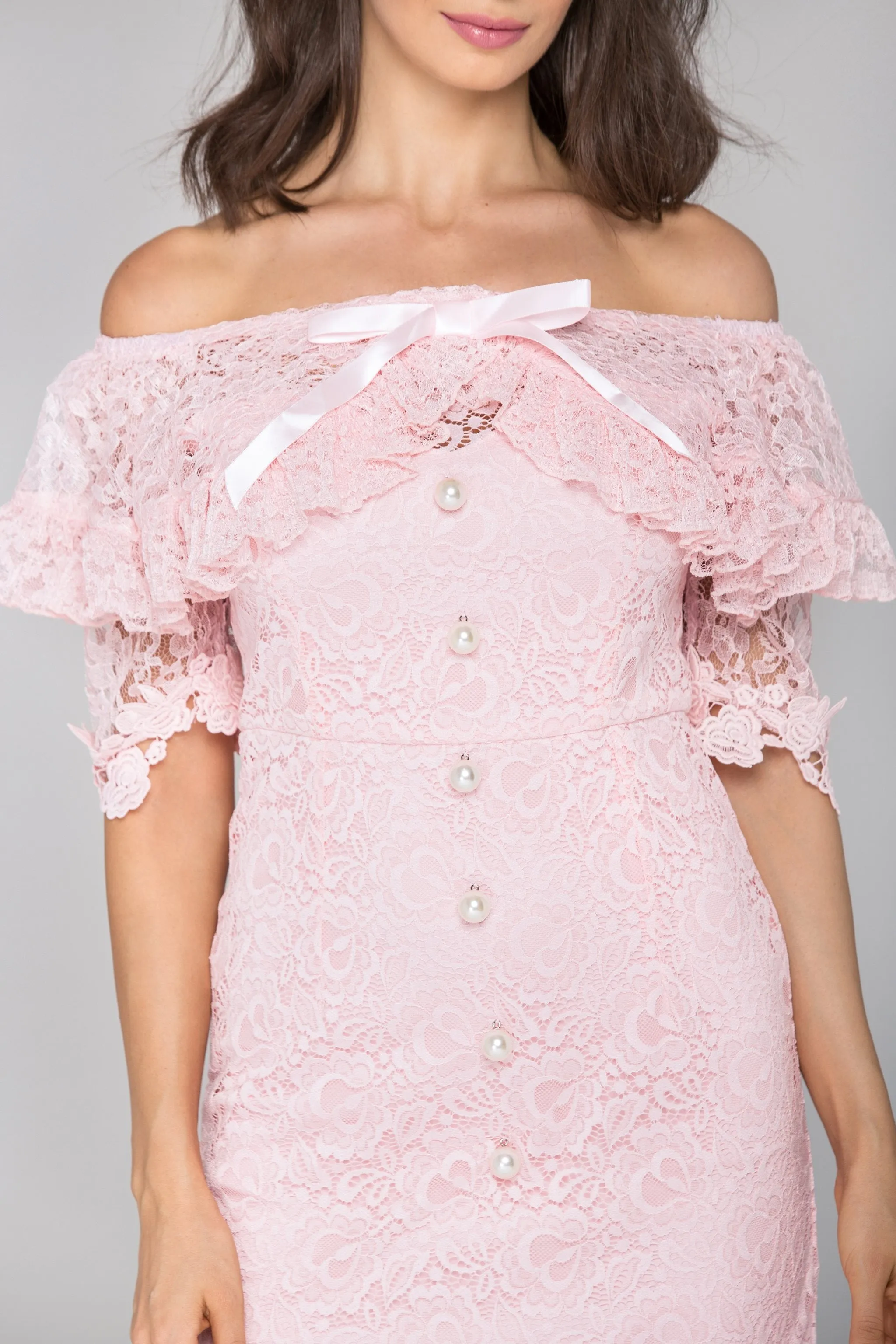 Pink Lace Pearl Off Shoulder Mini Dress