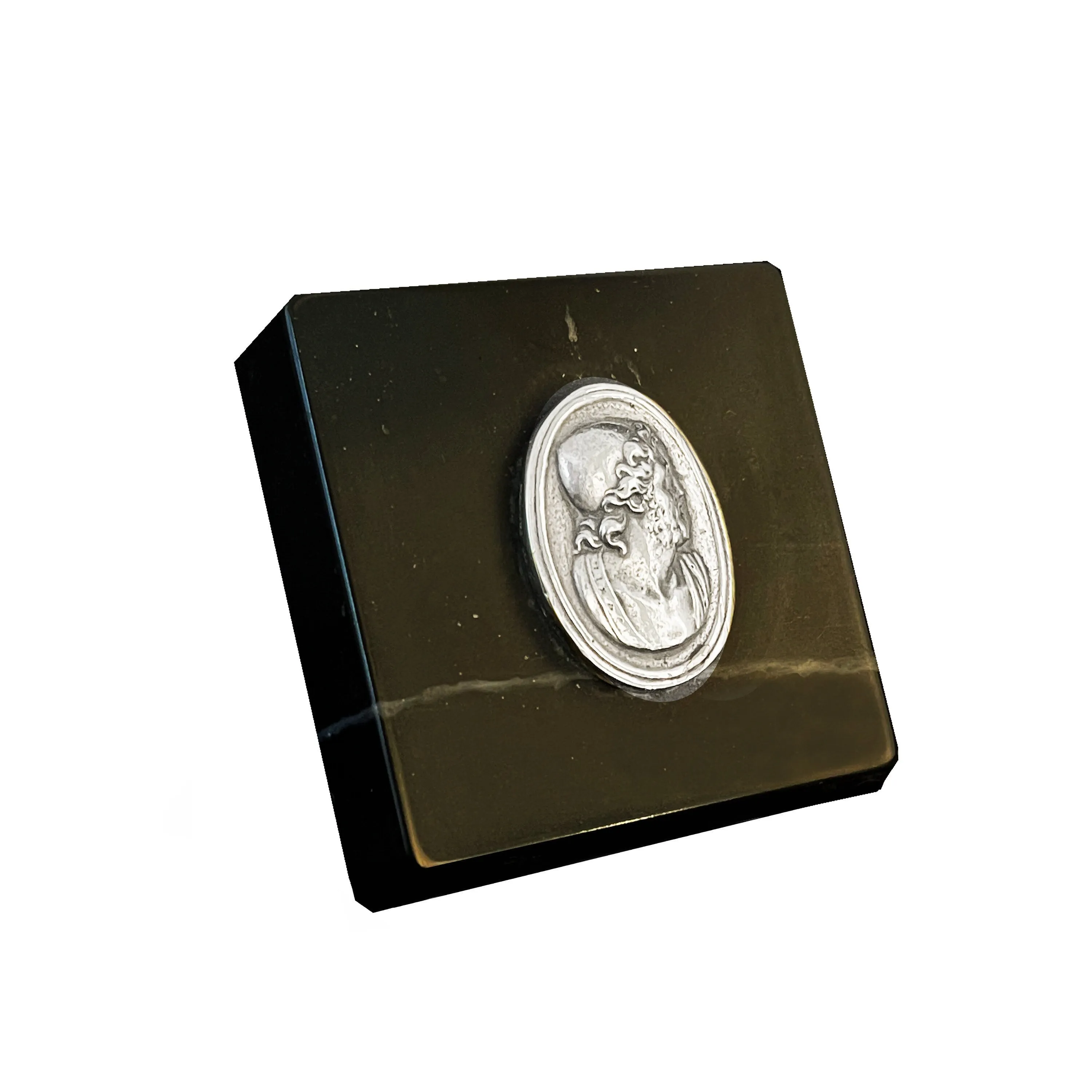 Plaque / paperweight depicting the philosopher Socrates (on black Marquinia Marble )