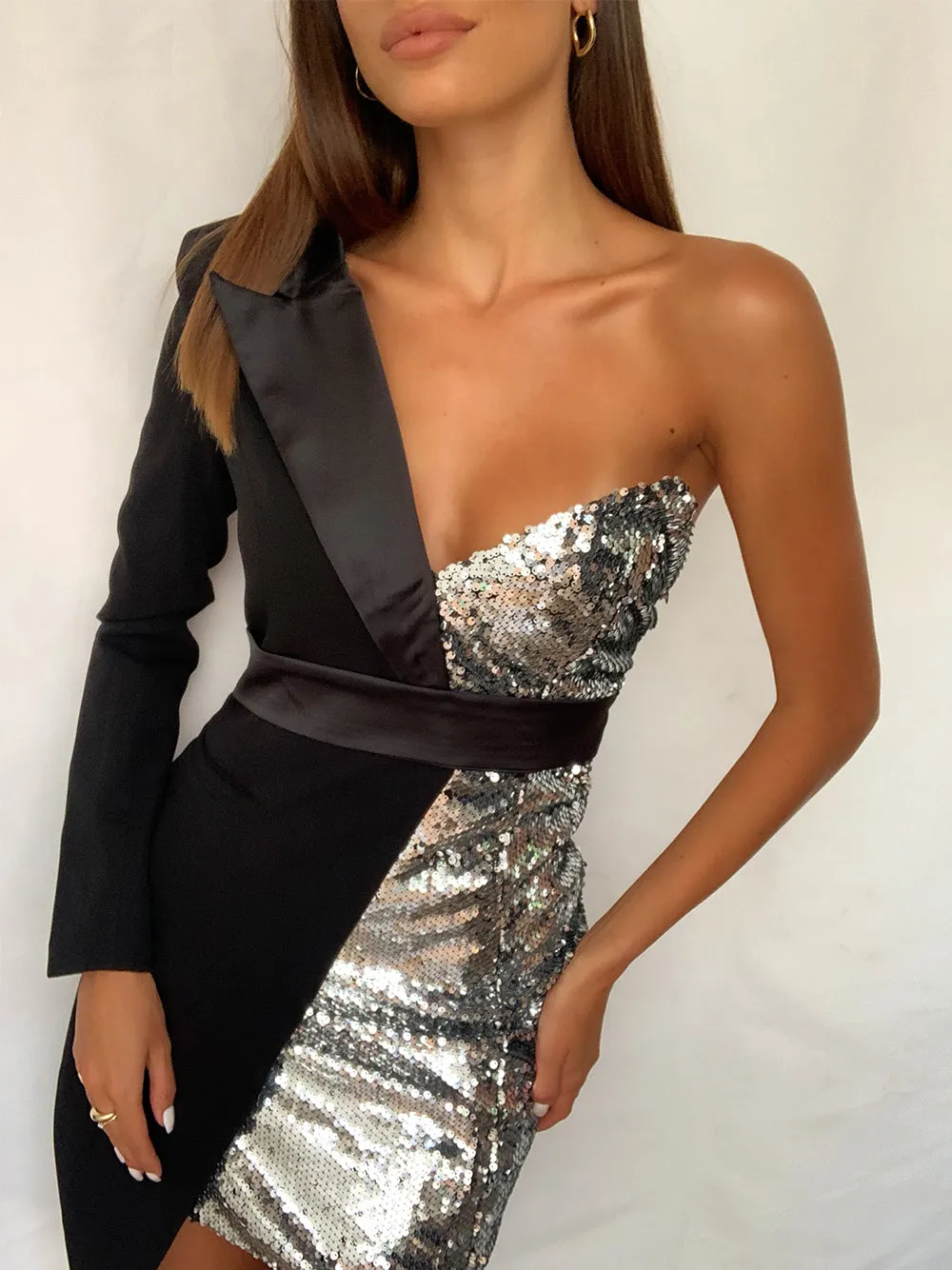 PYRAMID Sequined Mini Dress in Silver