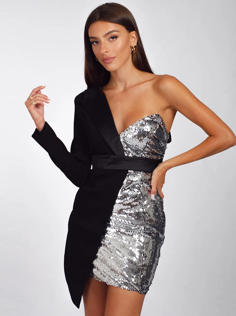 PYRAMID Sequined Mini Dress in Silver