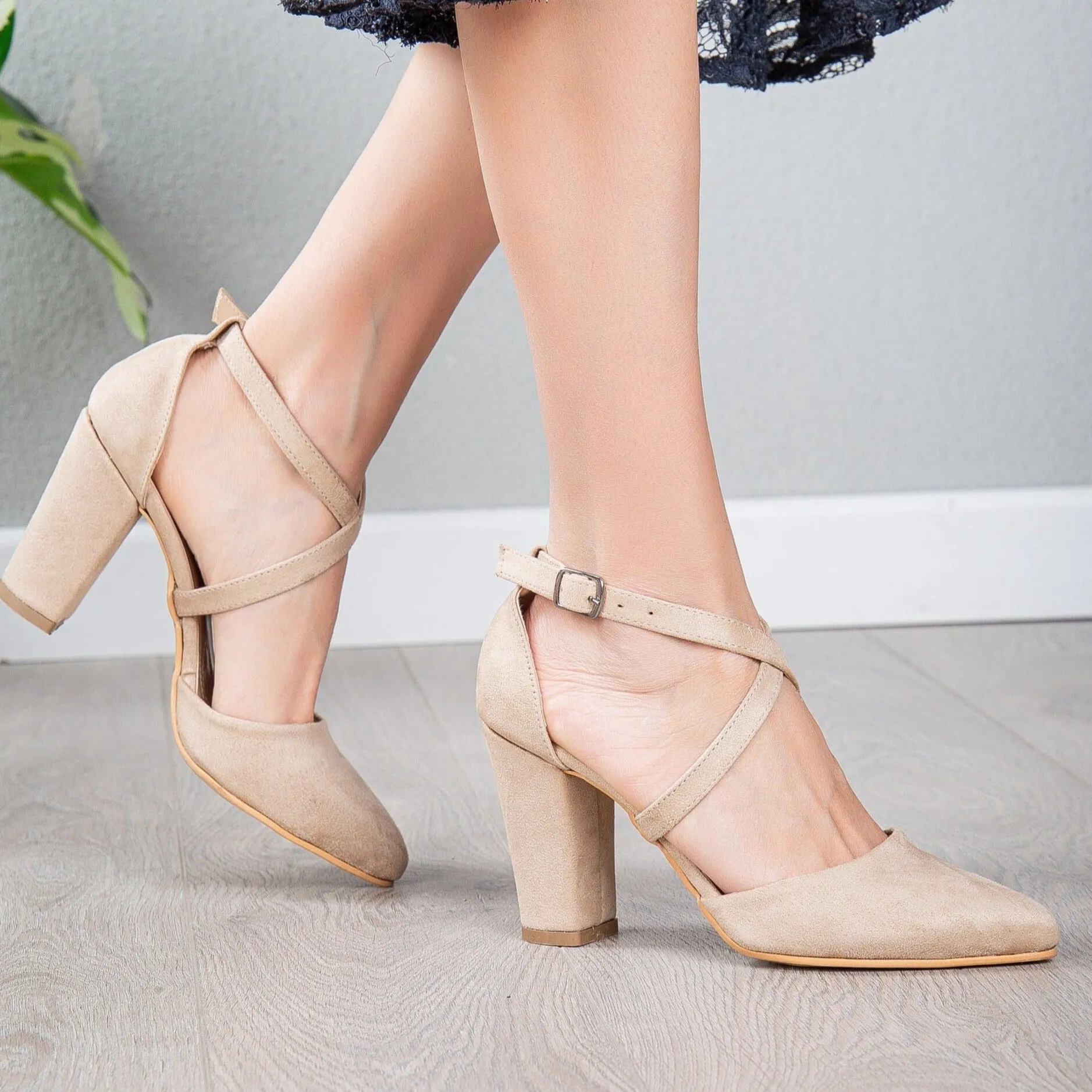 Sina - Beige Suede Criss Cross Heels