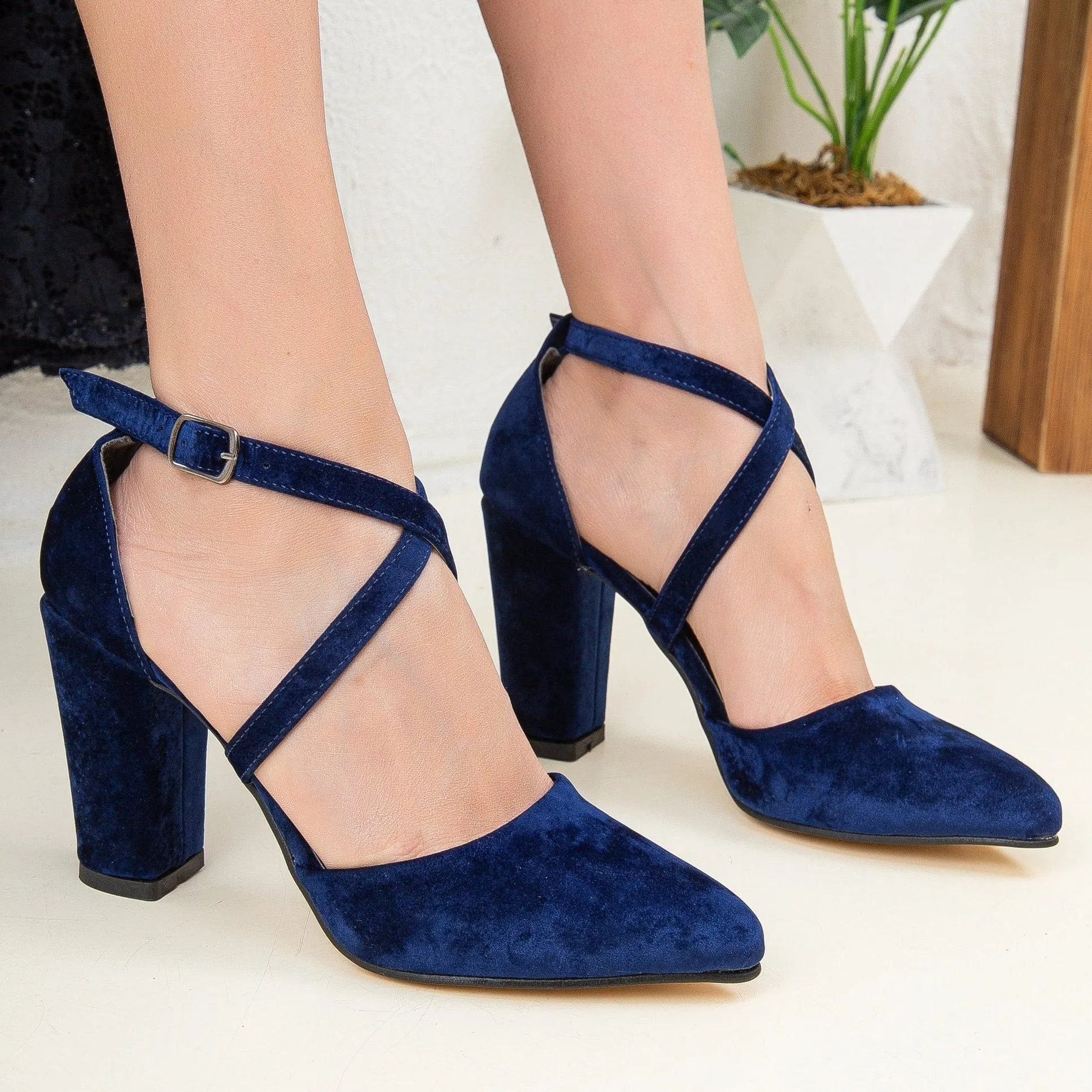 Sina - Dark Blue Velvet Criss Cross Heels