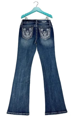 Steer Head Detail Embroidery Girls Bootcut Jeans