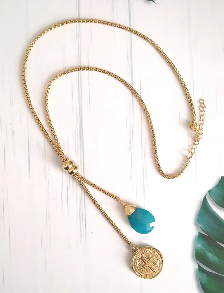 Teardrop Teal Jade with Padre Pio Slider Necklace