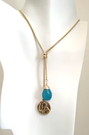 Teardrop Teal Jade with Padre Pio Slider Necklace