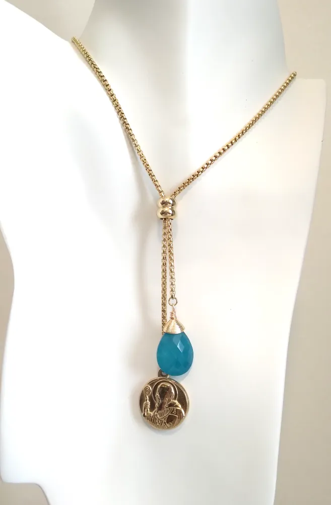 Teardrop Teal Jade with Padre Pio Slider Necklace