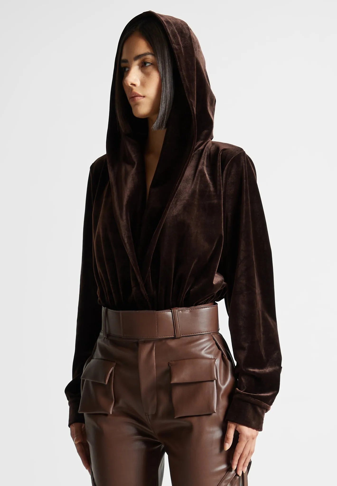 Velour Hooded Bodysuit - Brown