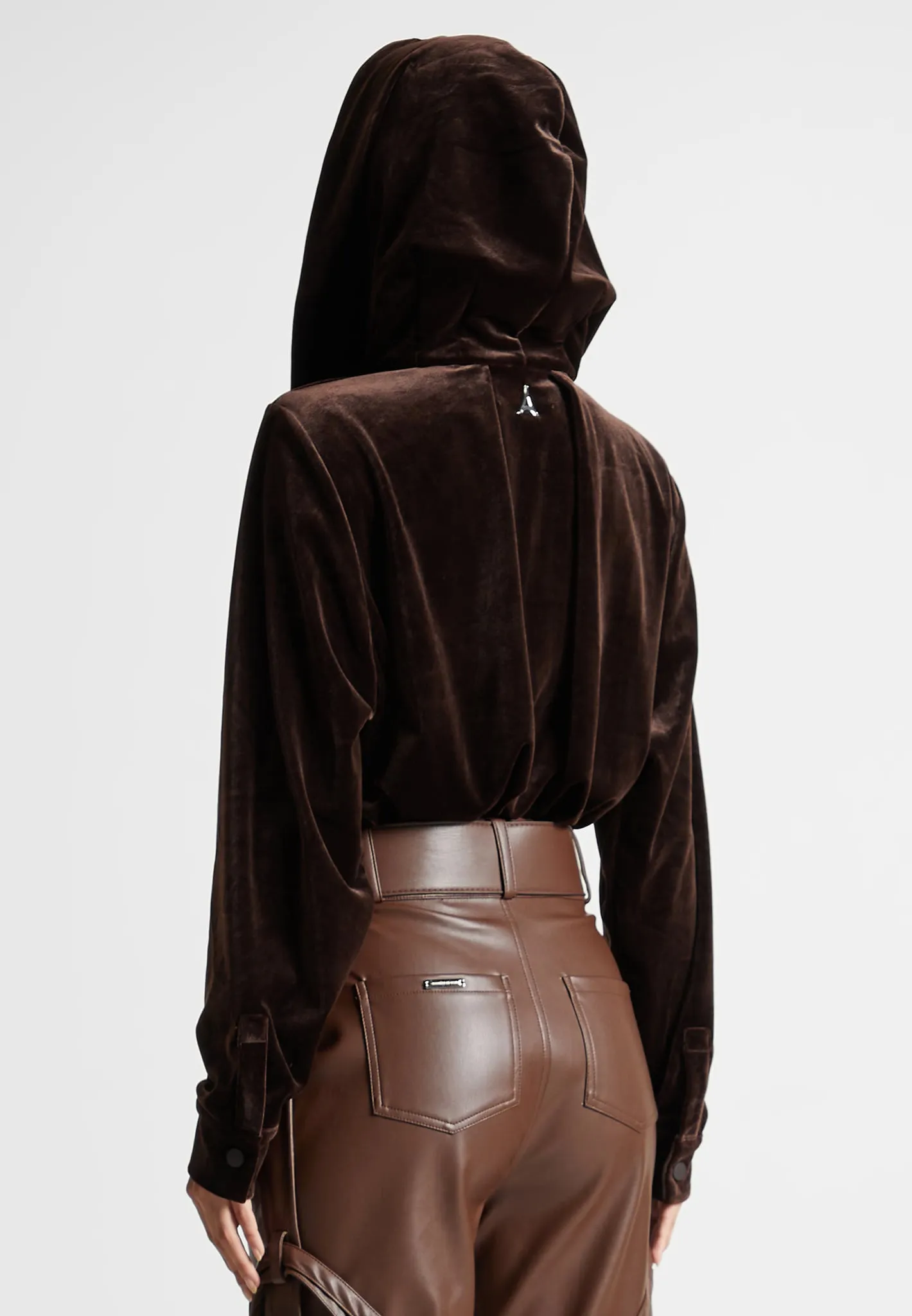 Velour Hooded Bodysuit - Brown