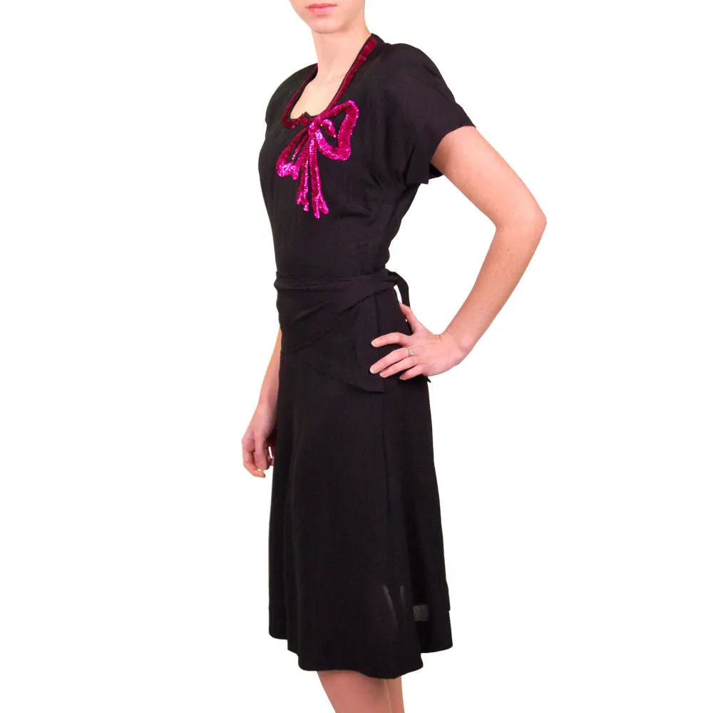 Vintage Black Rayon Dress W/Fuchsia Sequin Bow 1940S