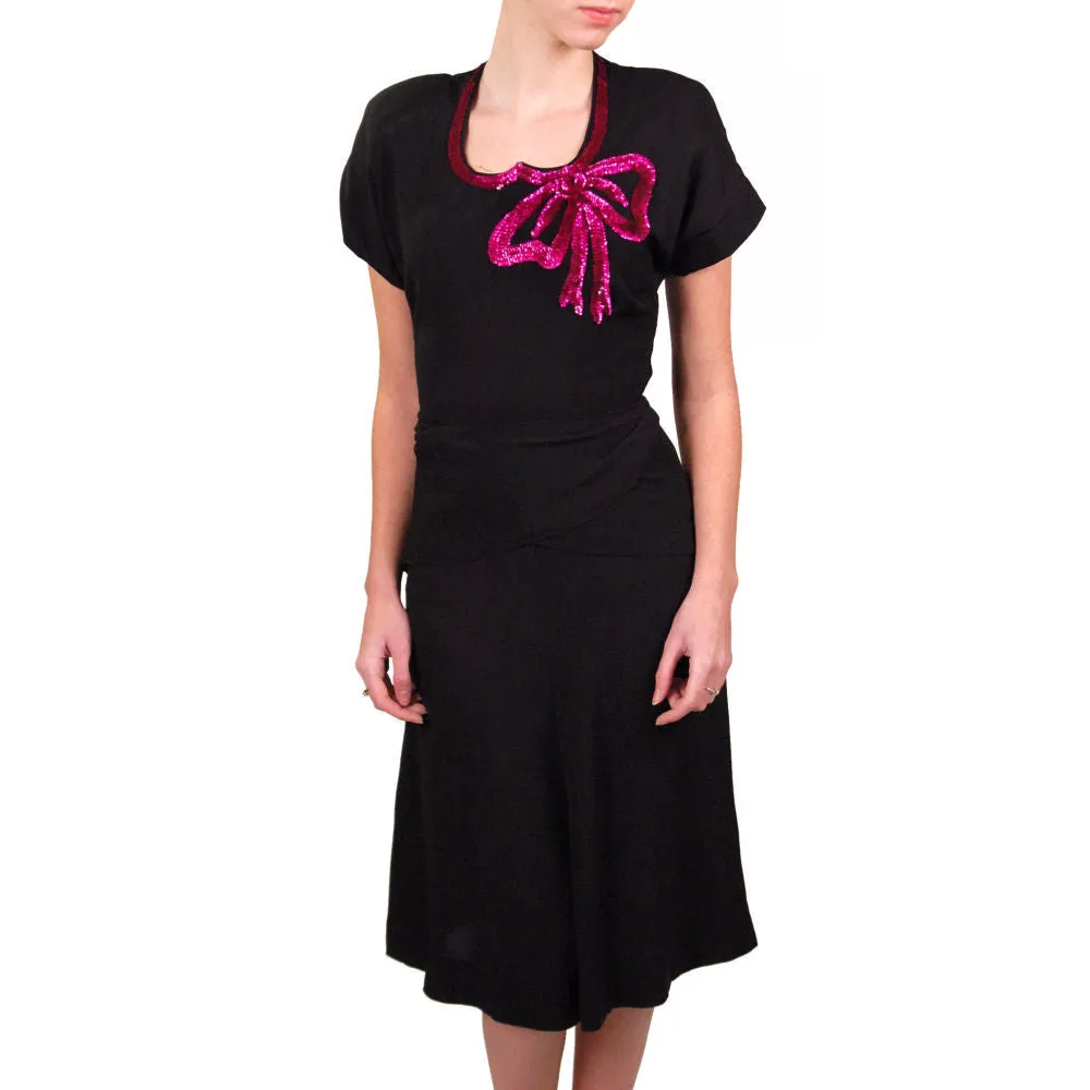 Vintage Black Rayon Dress W/Fuchsia Sequin Bow 1940S