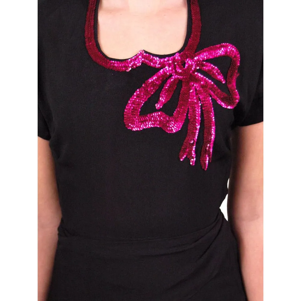 Vintage Black Rayon Dress W/Fuchsia Sequin Bow 1940S