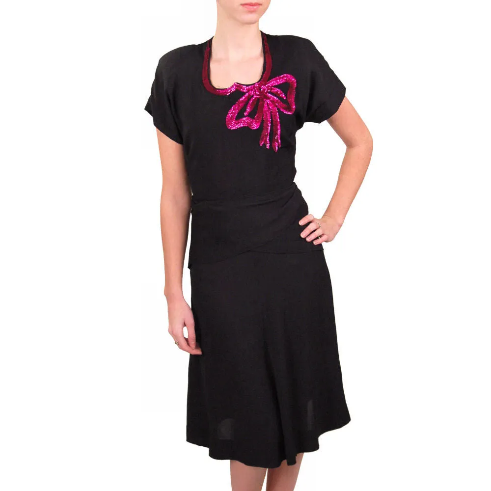 Vintage Black Rayon Dress W/Fuchsia Sequin Bow 1940S