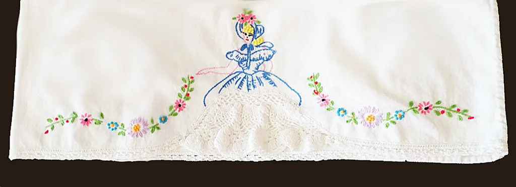 *VINTAGE SOUTHERN BELLE COLONIAL LADY CROCHETED & EMBROIDERED BY HAND LACE SKIRT  PILLOW CASE - 1 INDIVIDUAL PILLOW CASE