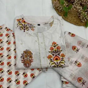 WHITE BLOCK PRINTED COTTON KURTA SET