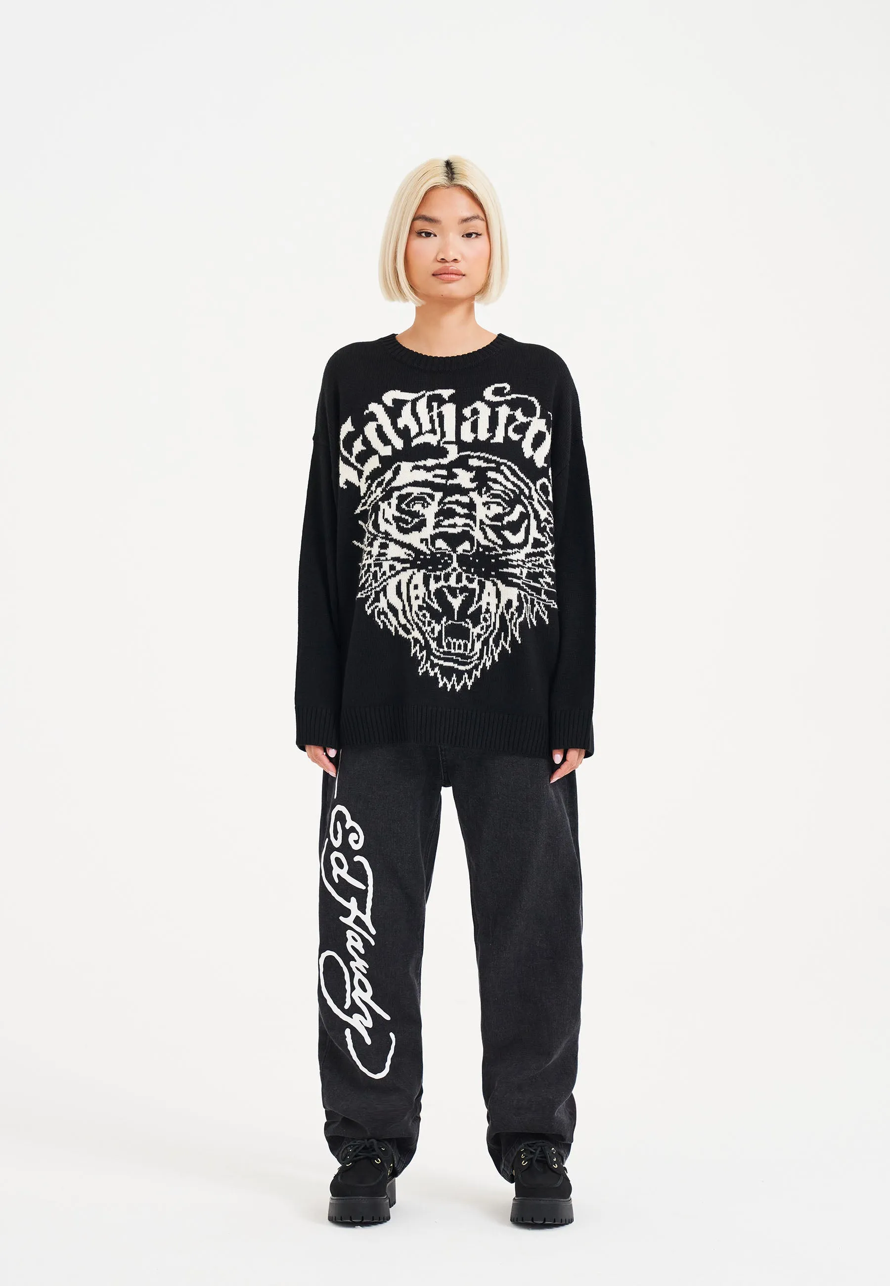 Womens Tiger-Roar Jaquard Knitted Jumper - Black/Off White